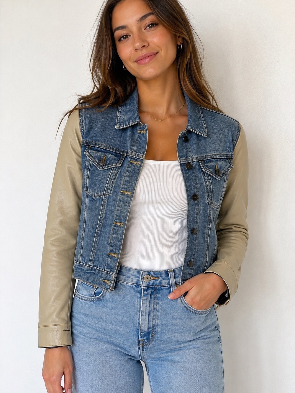 ✨💙 Sandro Paris Denim Jacket Size‎ 2 Blue Jean Leather Sleeve Moto Chic 💙✨